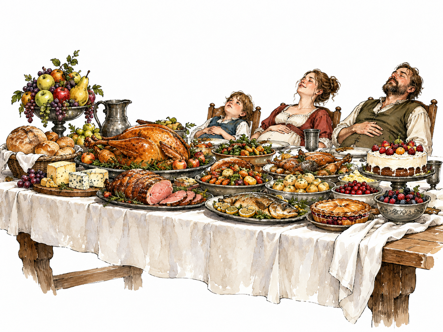An overflowing banquet table has far more food than the small party can eat.