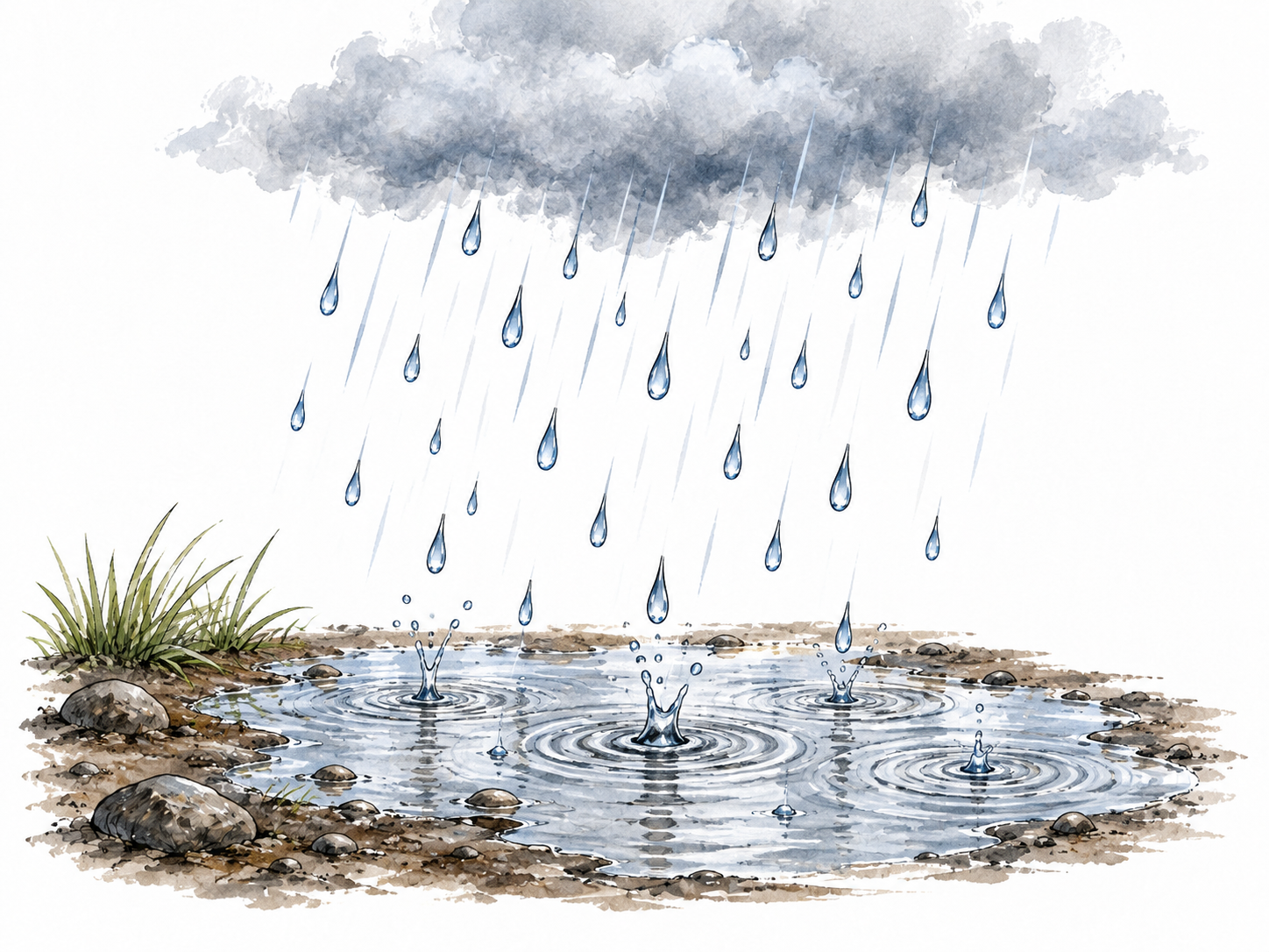 Raindrops falling onto puddle with ripples.