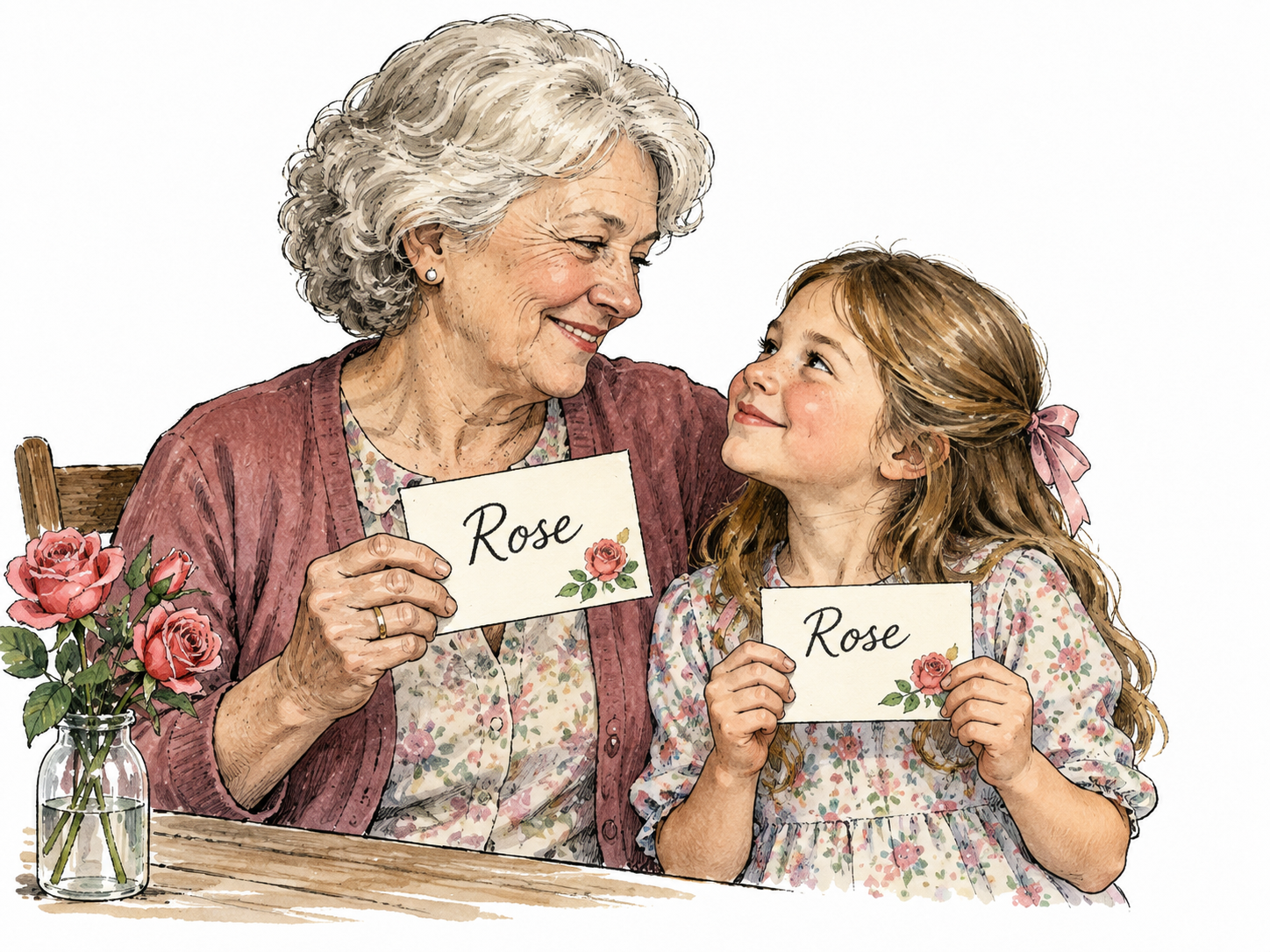 An older white woman and her young granddaughter holding matching name cards reading 'Rose', affectionate shared name.