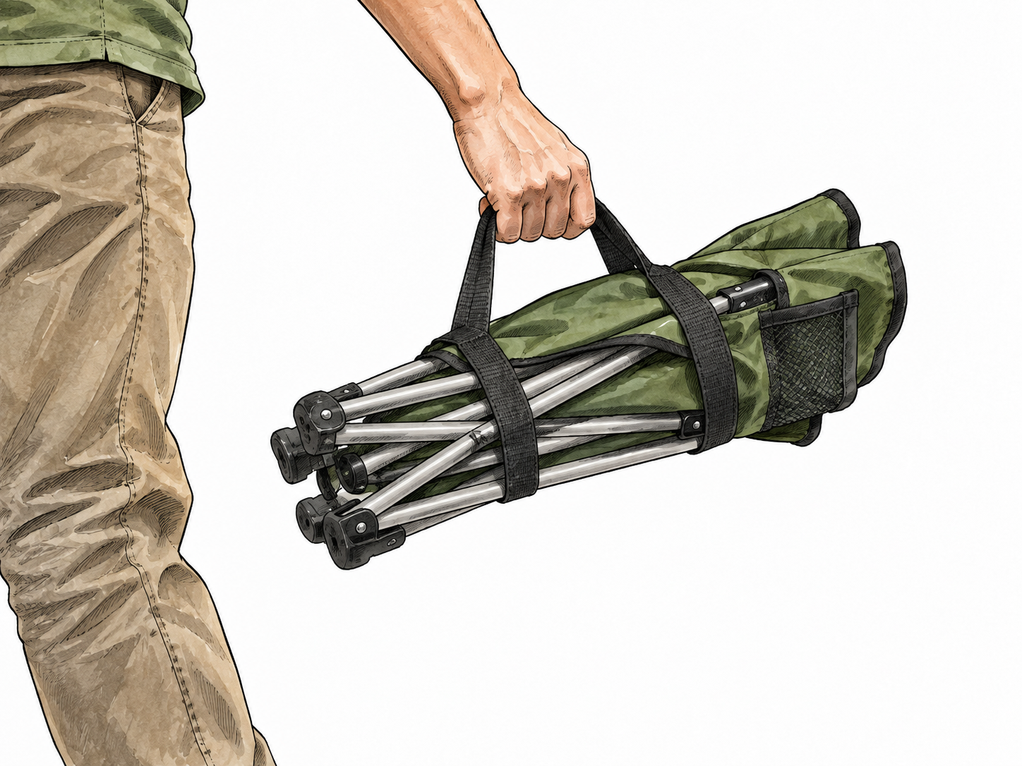 A compact folding chair with carry handle being easily lifted by one hand, lightweight portable object.