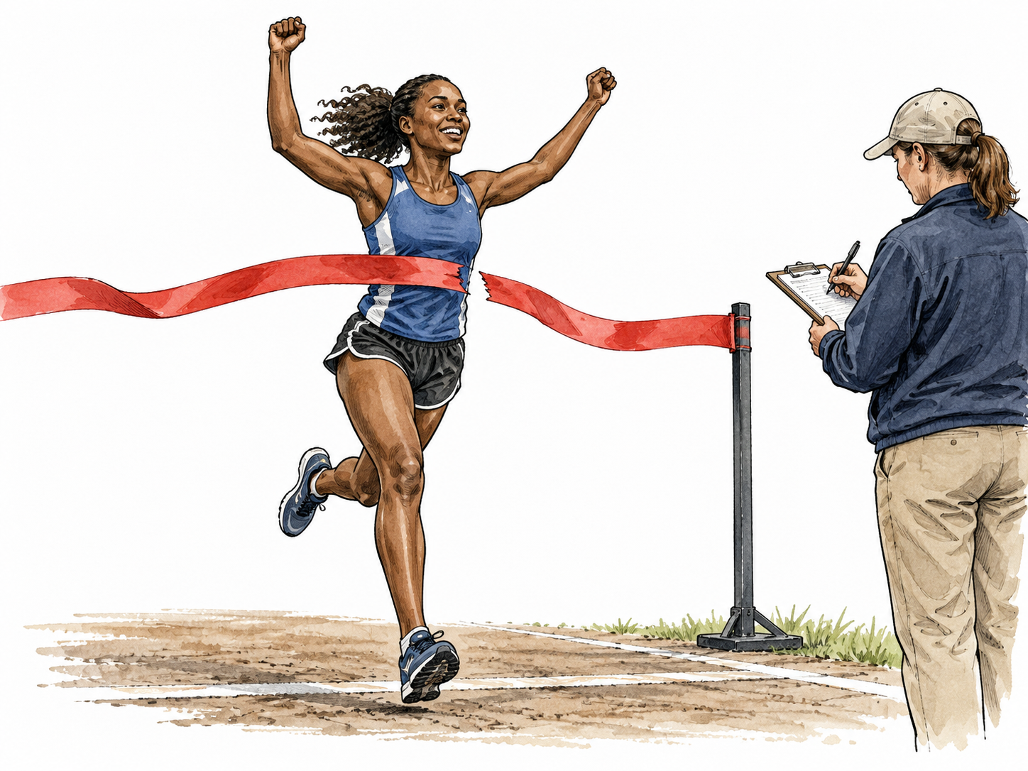 A Black woman athlete crosses a qualifying finish line as an official records the result.