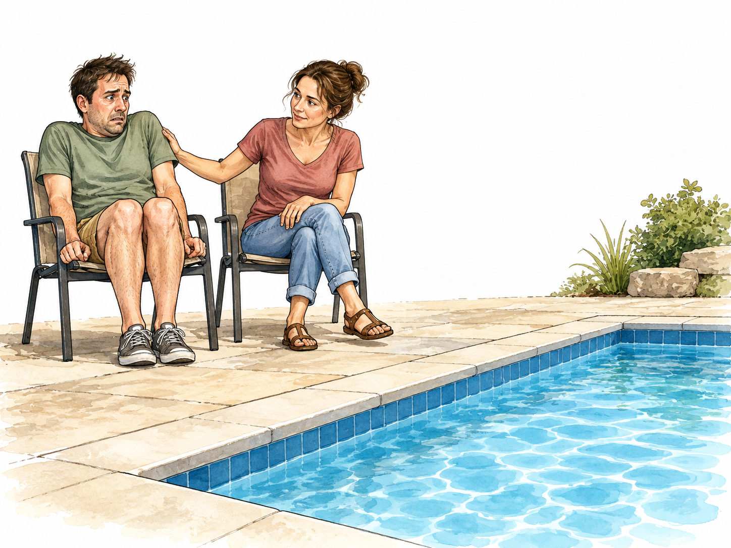 A white adult sits tense far from the edge of a calm swimming pool while a supportive companion stays nearby.