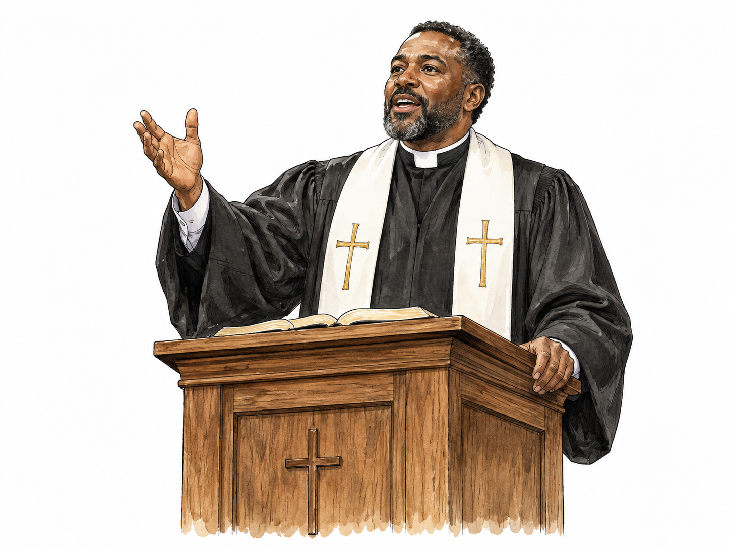 Black Protestant parish minister at simple church lectern.