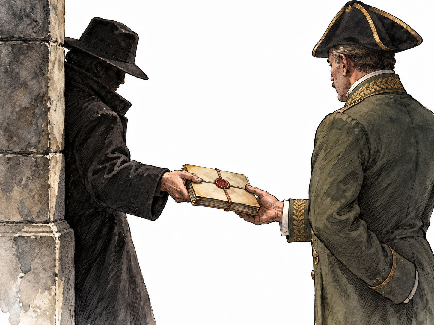 A shadowed figure secretly hands sealed state documents to a foreign official, no national symbols.