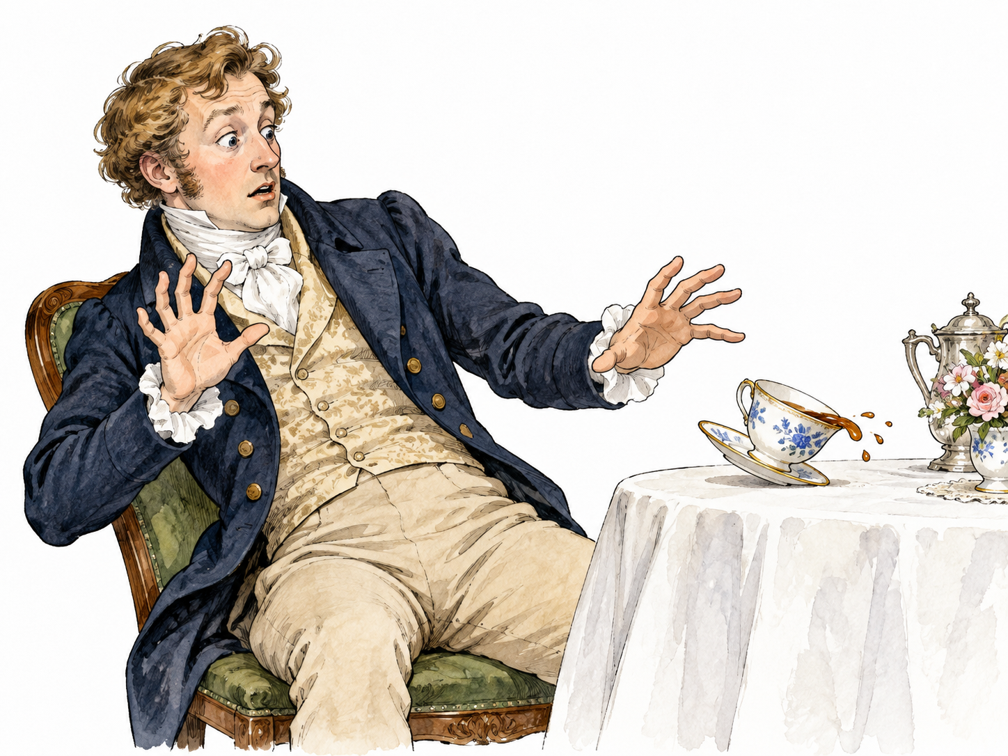A Regency-era white gentleman startles as a teacup nearly tips.