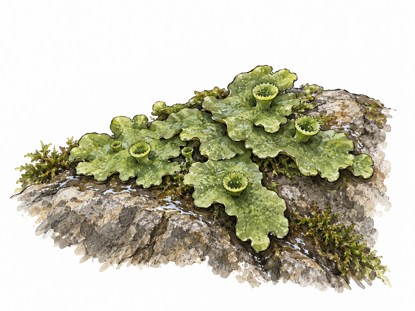 A green thallose liverwort patch with flattened lobes and tiny cup structures on damp rock.