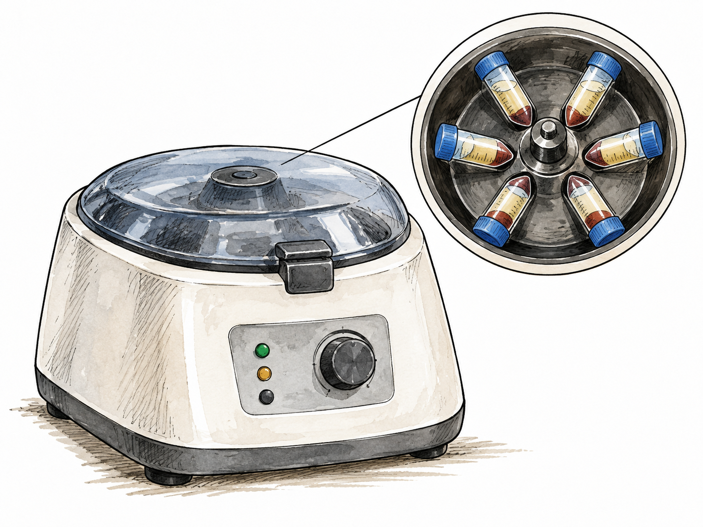 A closed laboratory centrifuge with an inset showing balanced radial sample tubes.