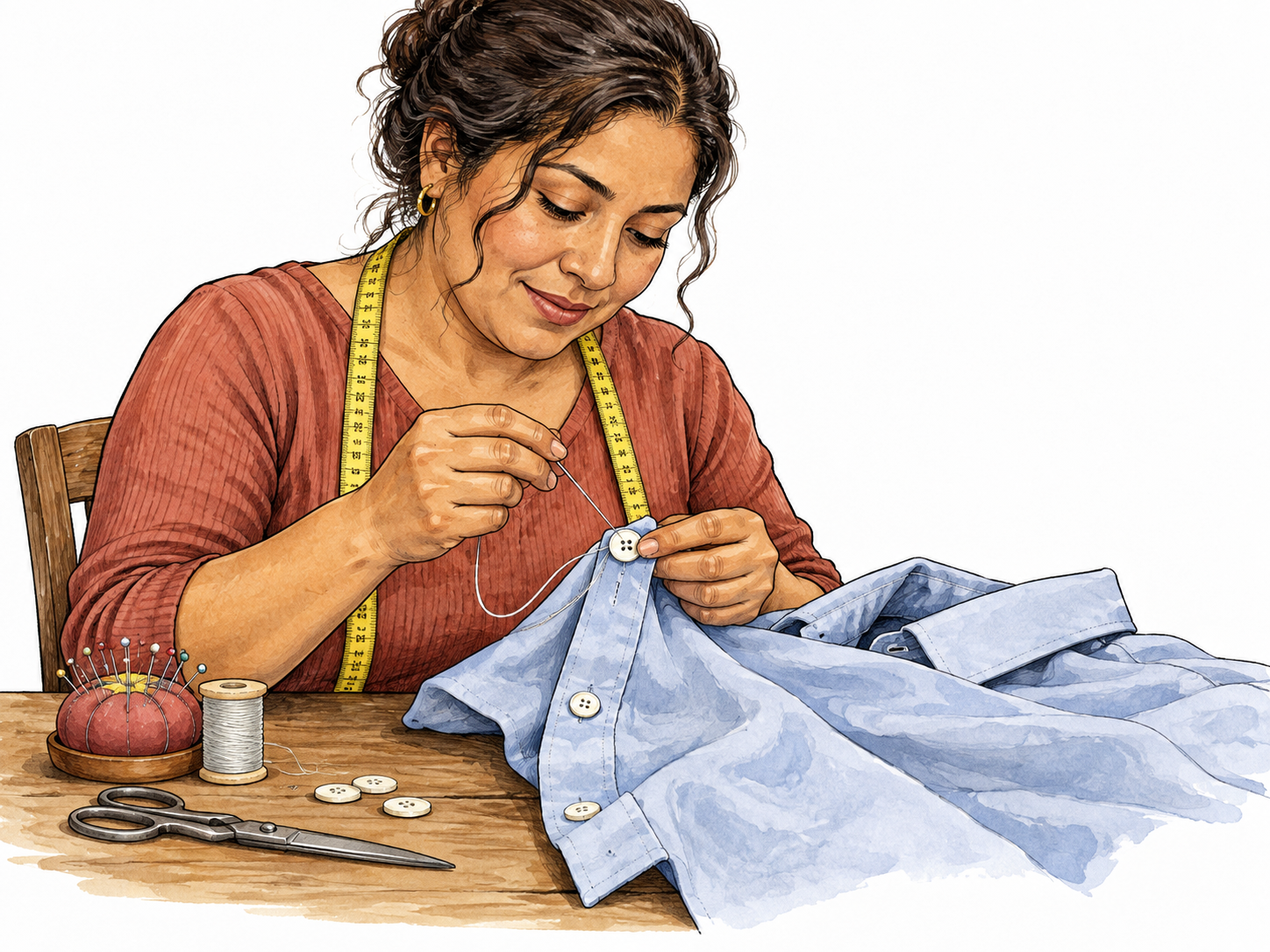 Latina seamstress sews detached button back onto shirt.