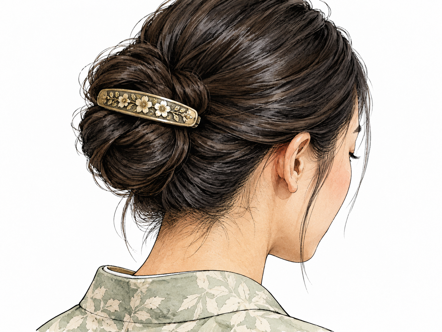 Decorative metal barrette fastening East Asian woman's hair.