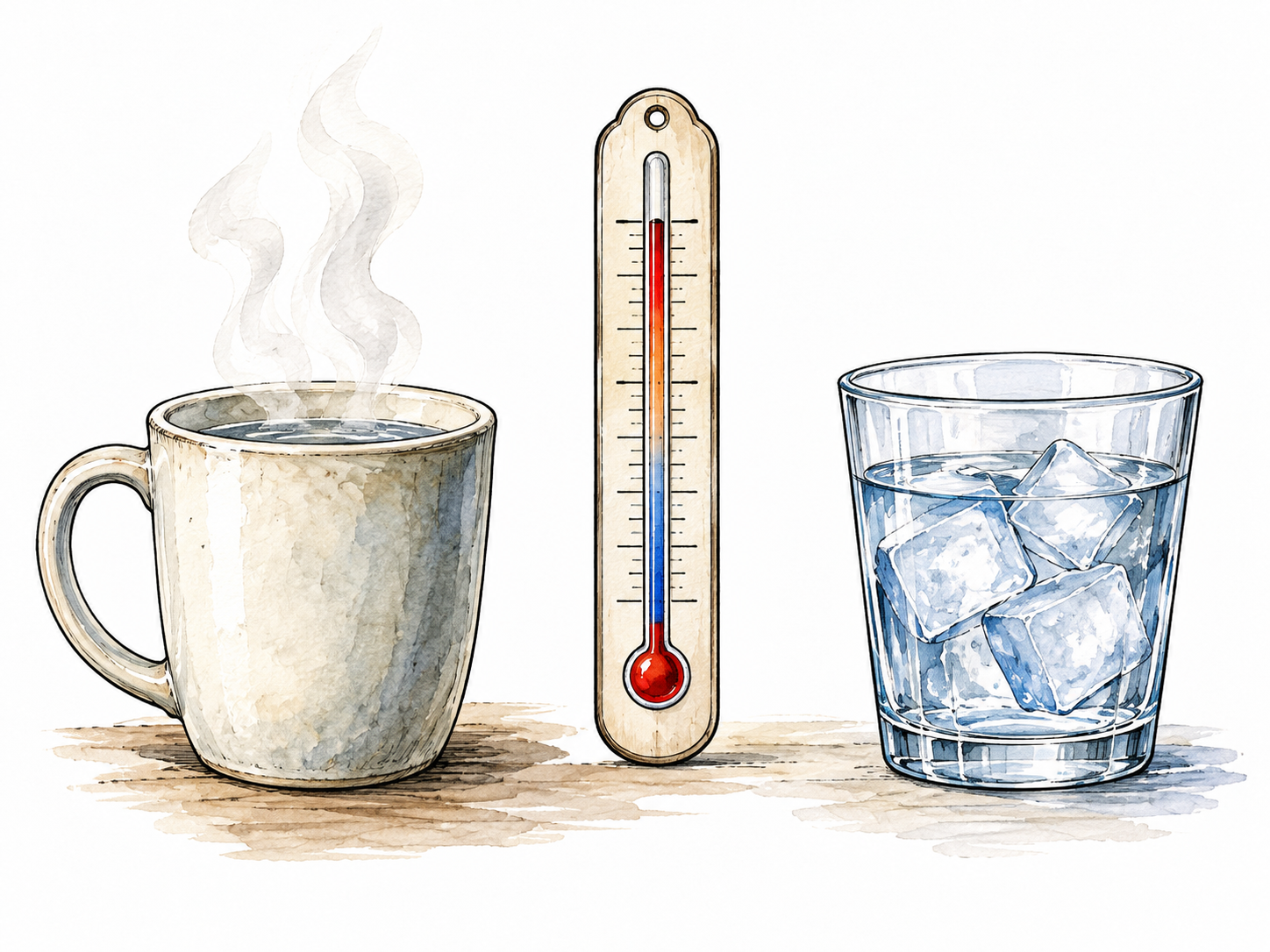A simple thermometer beside a mug of steaming water and a glass with ice, no numerals.