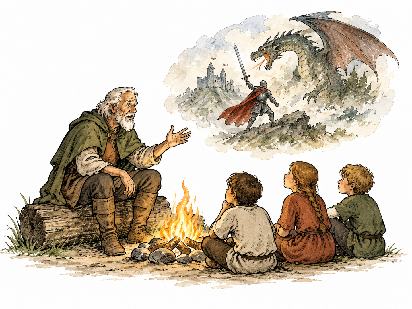 An elder tells a traditional tale represented by a distant knight and dragon in story vignette.