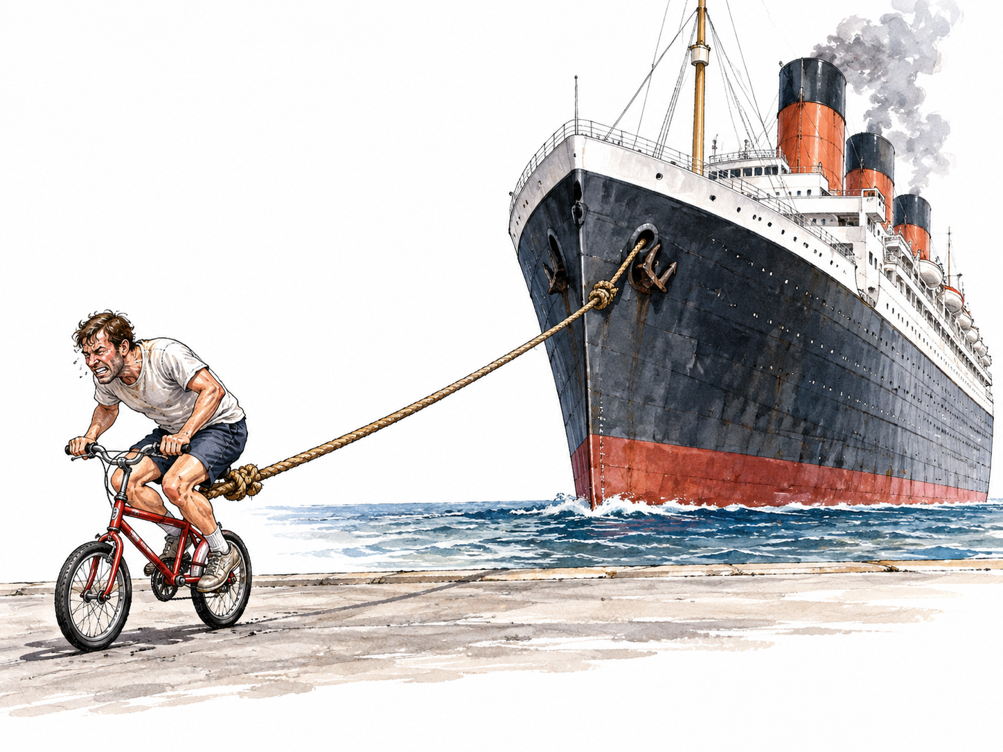 Absurd proposal of tiny bicycle towing huge ocean liner, visual impossibility clear.
