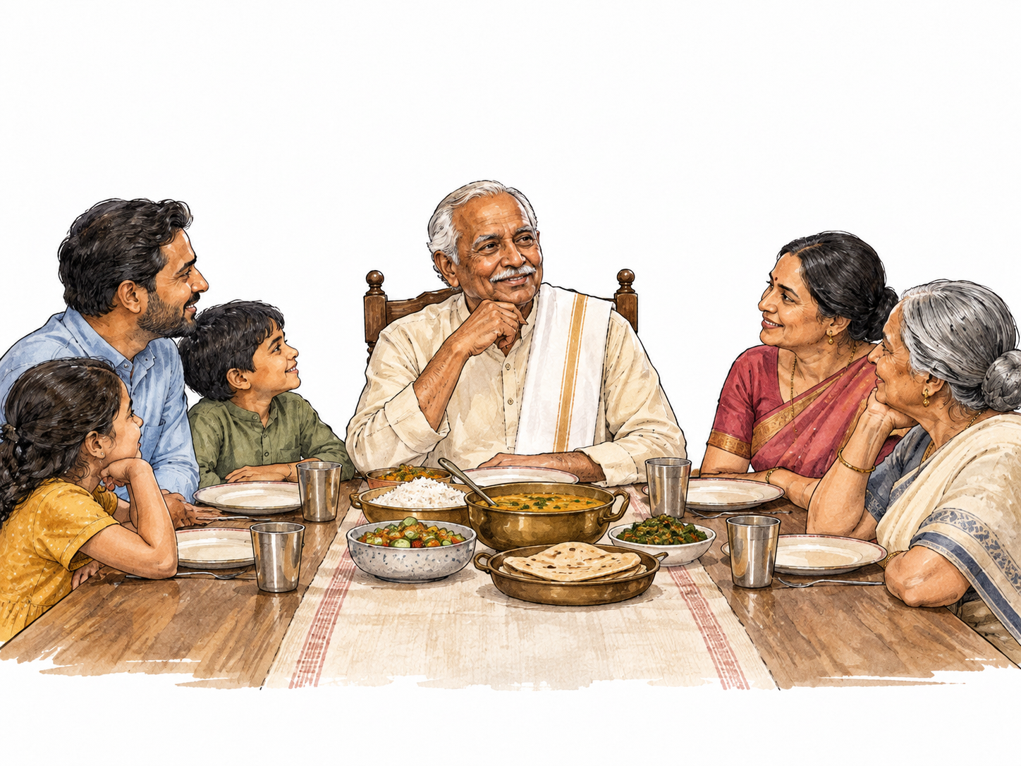 An elderly South Asian grandfather sits at the head of a multigenerational family table.