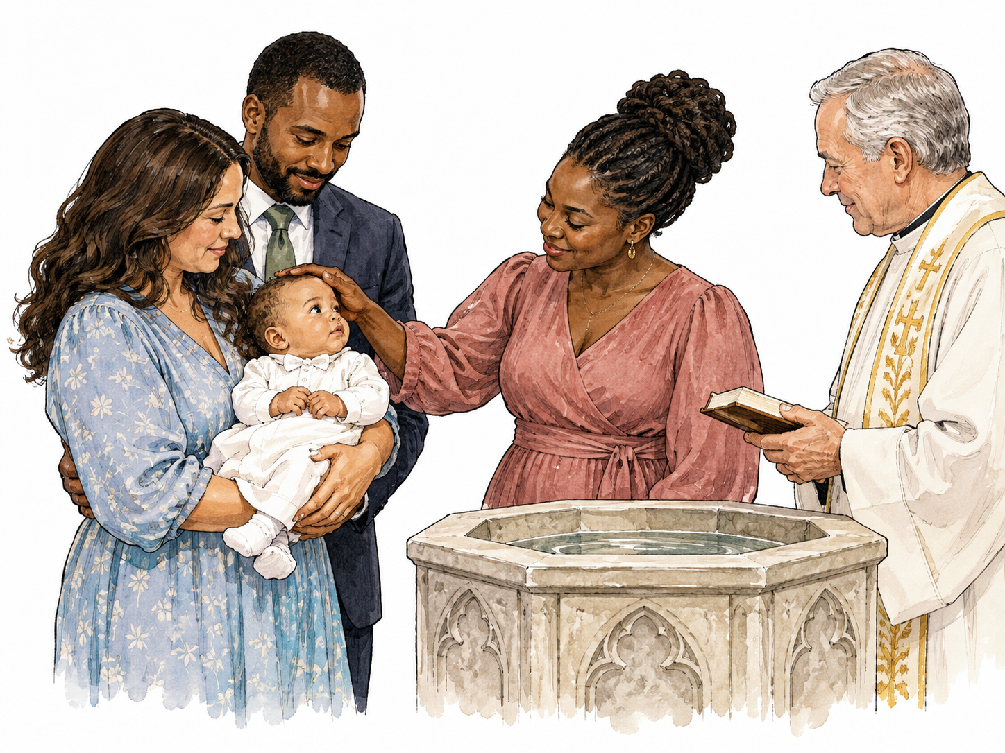 A Black godmother stands beside a fully clothed infant held by parents near a baptismal font.