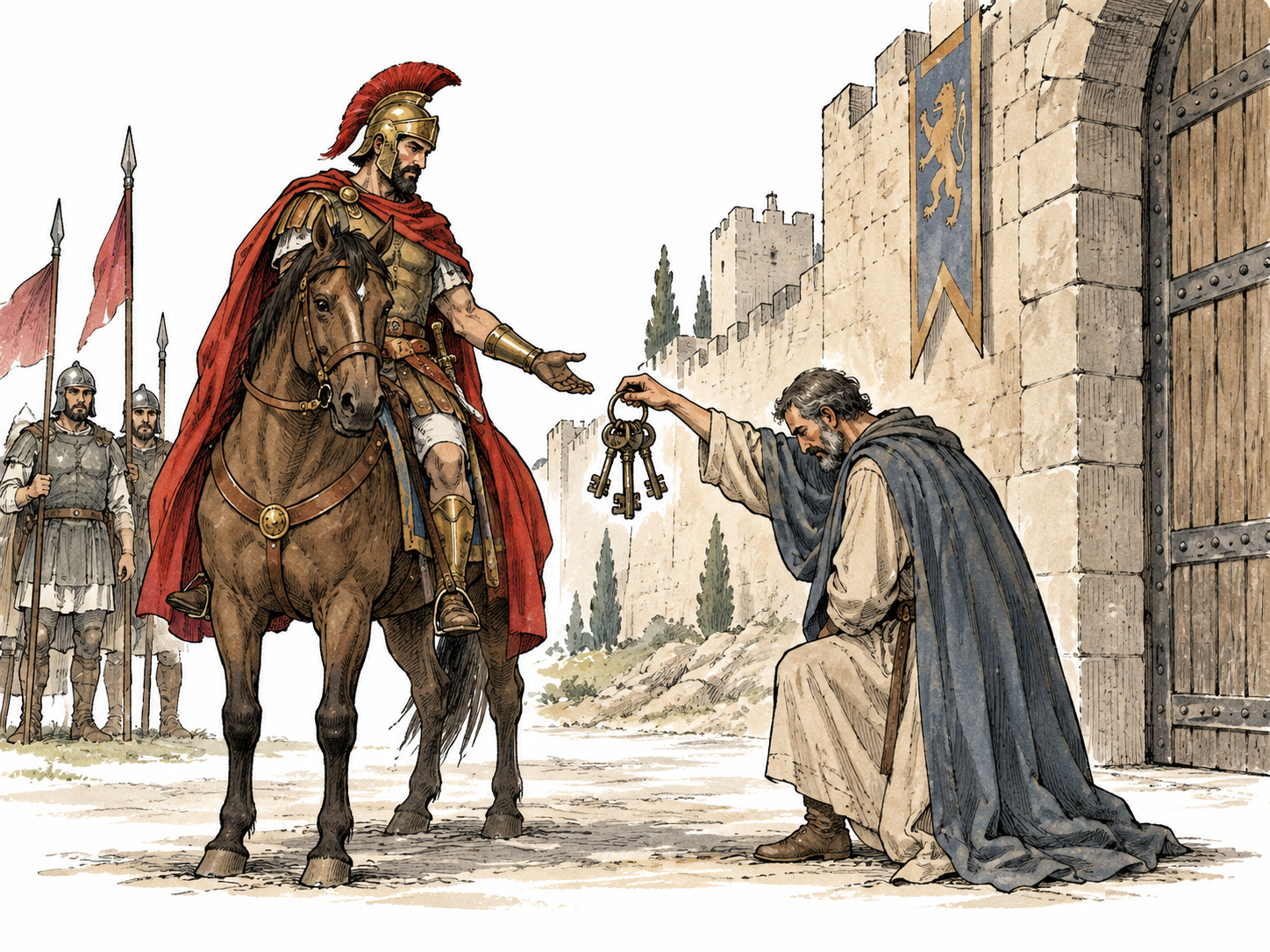 Historical armored conqueror receives a city's keys outside its gate, sober scene.