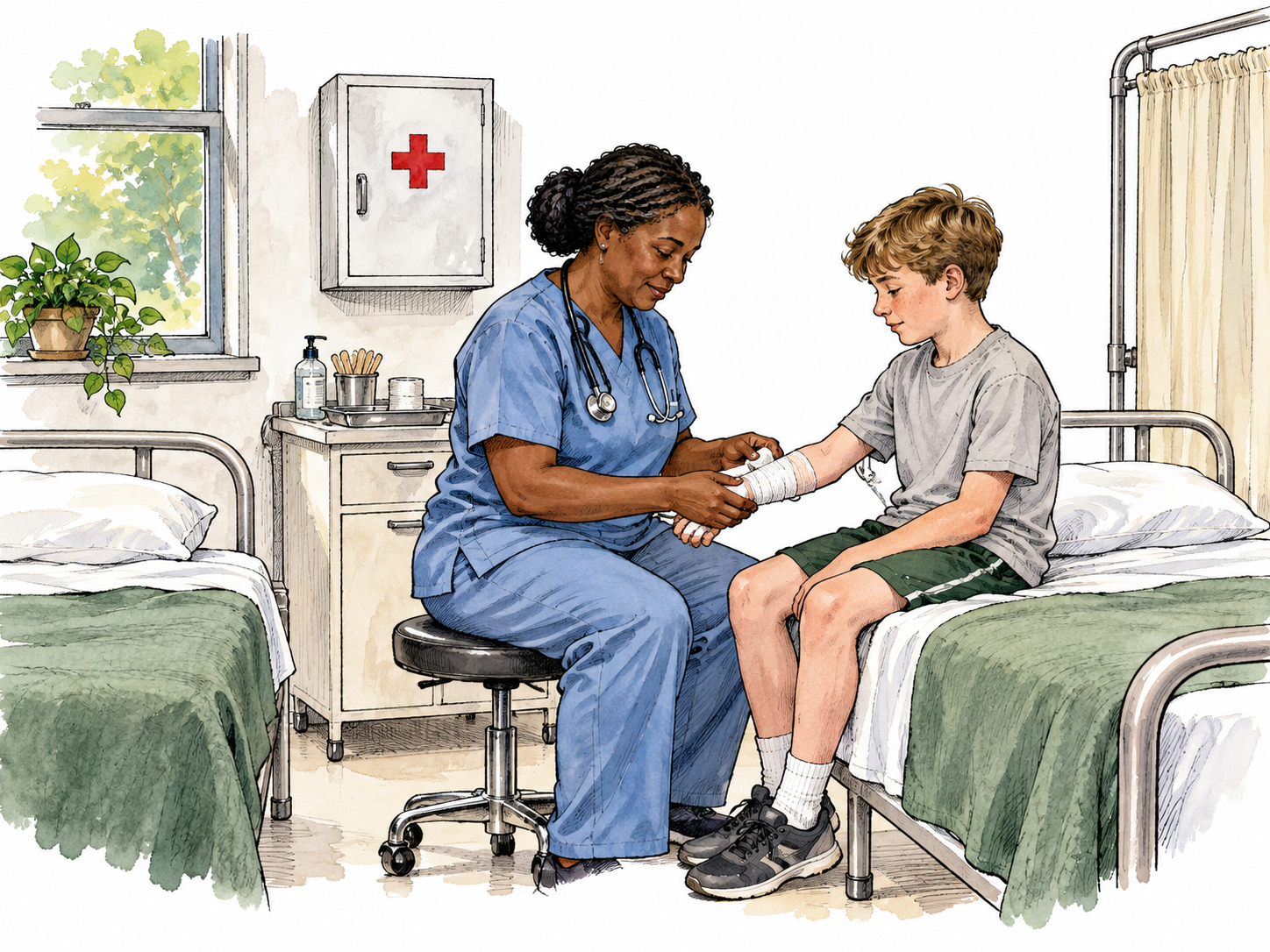 A quiet school infirmary with two beds, a first-aid cabinet and a Black nurse tending a white student's bandaged arm.