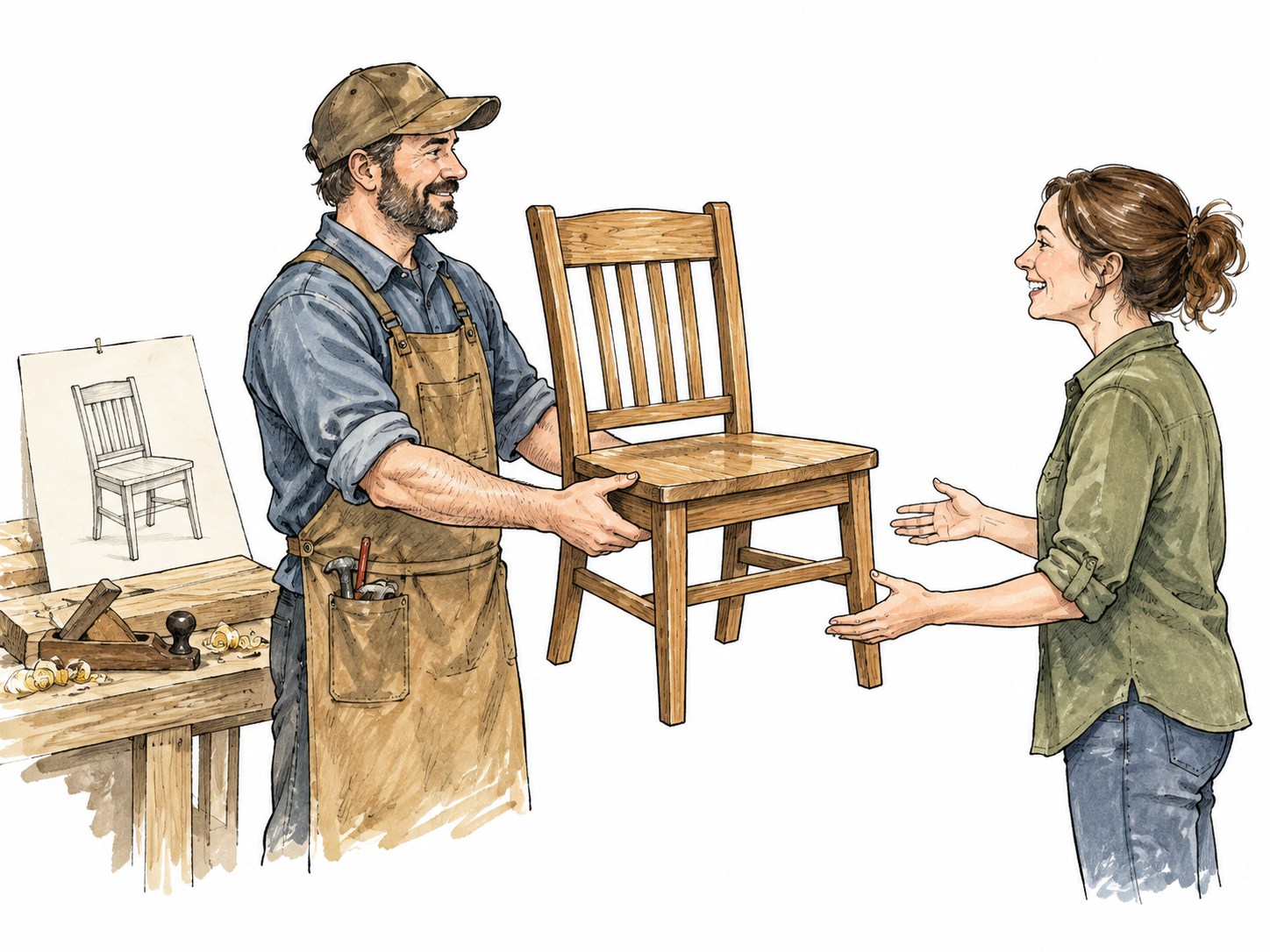 A carpenter hands over a finished chair matching the promised sketch.