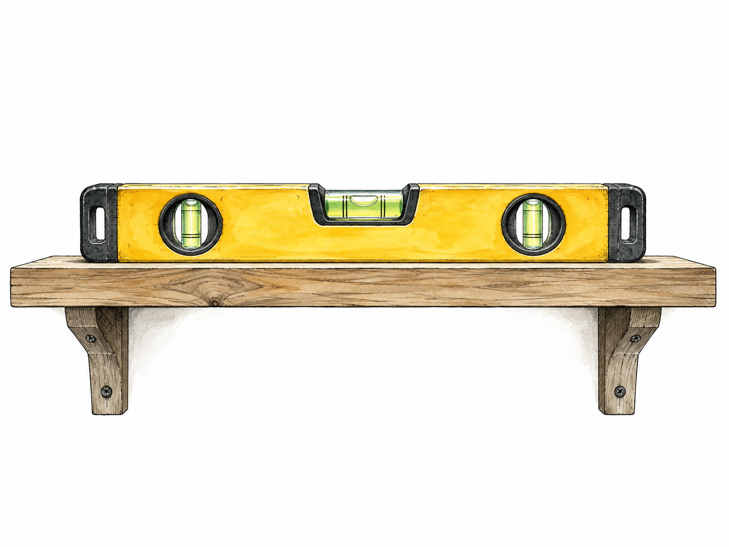 A spirit level rests on a perfectly flat horizontal shelf.