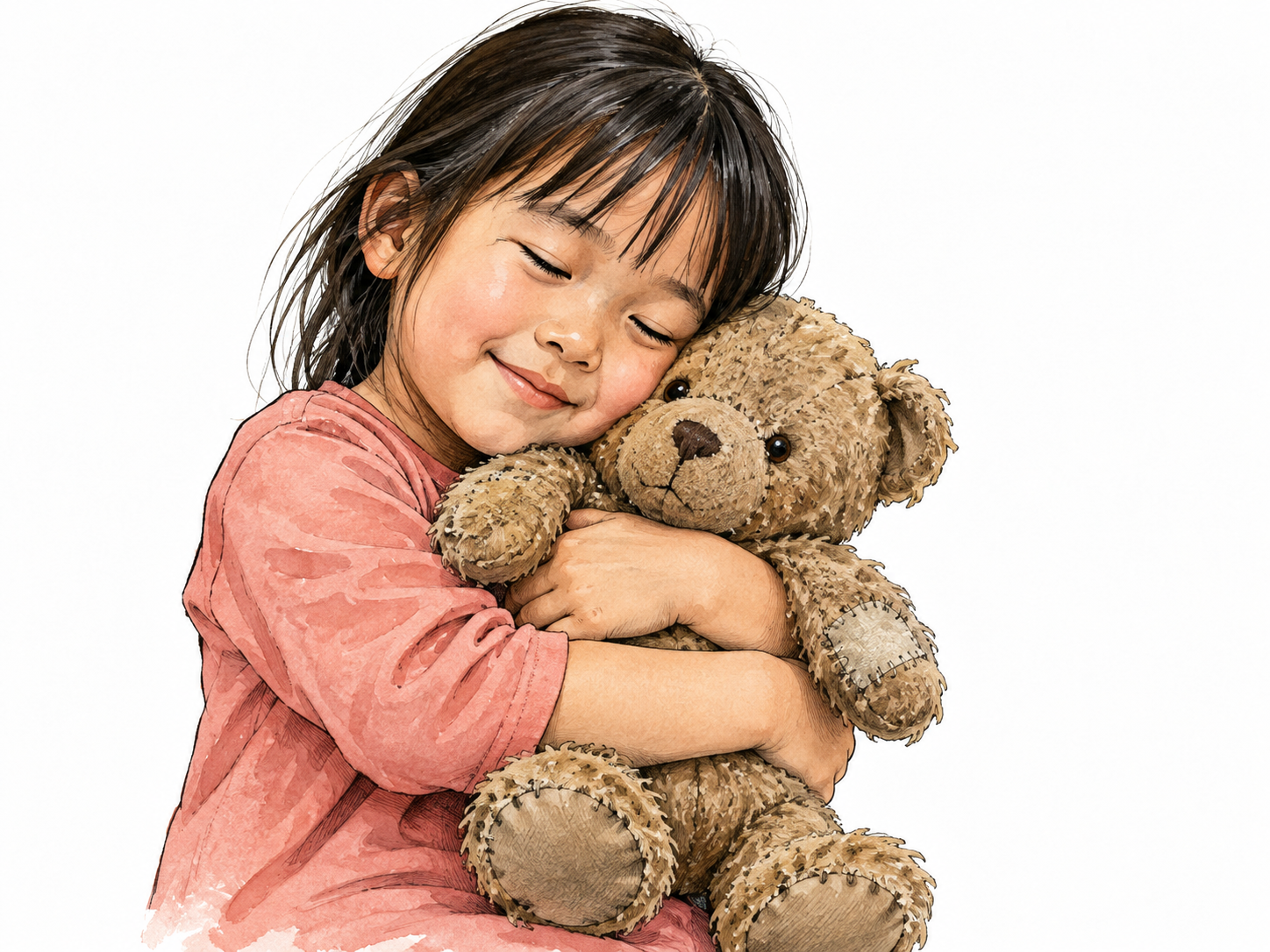 East Asian child hugs beloved worn stuffed bear.