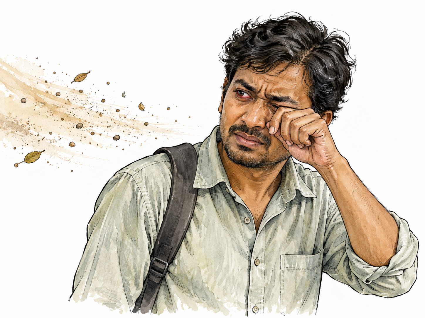 A South Asian adult rubbing a mildly irritated eye after dust blows nearby, subtle redness, no injury.