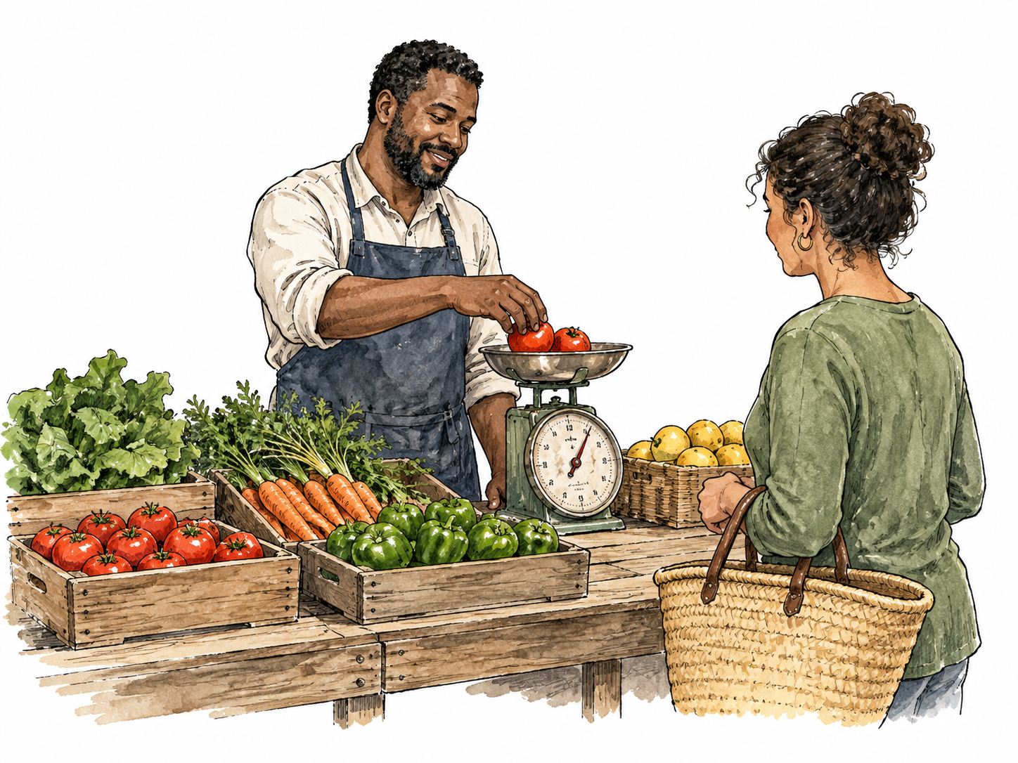 Black shopkeeper weighs produce for a customer.