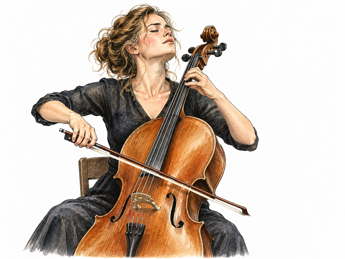 A white woman cellist plays with intense absorbed enthusiasm.