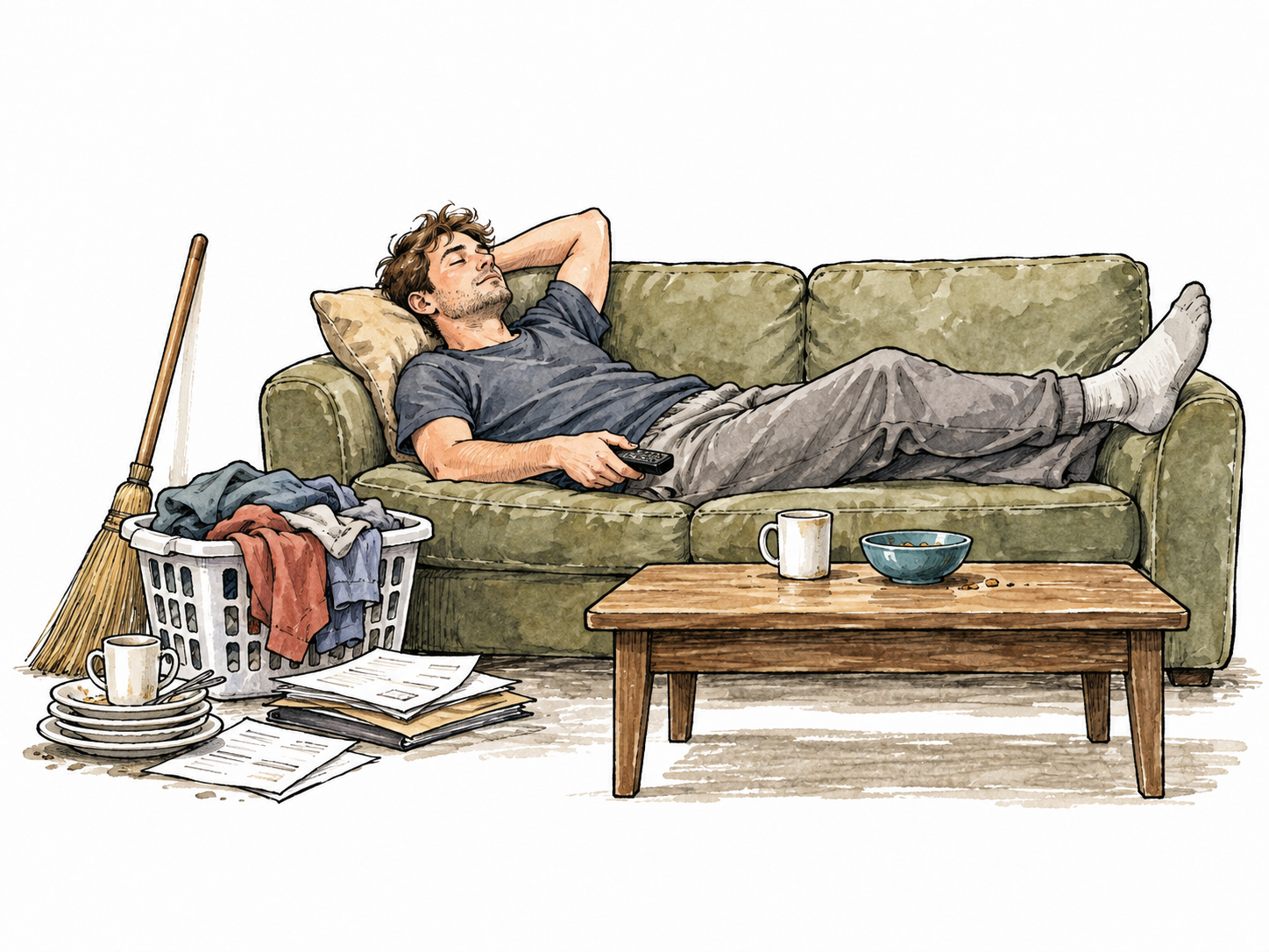 A lazy adult remains sprawled on a couch while untouched tasks wait nearby.