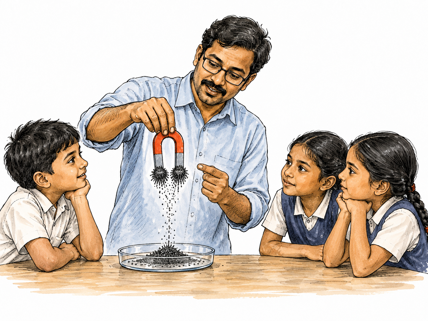 South Asian teacher demonstrates a magnet attracting iron filings to attentive pupils.