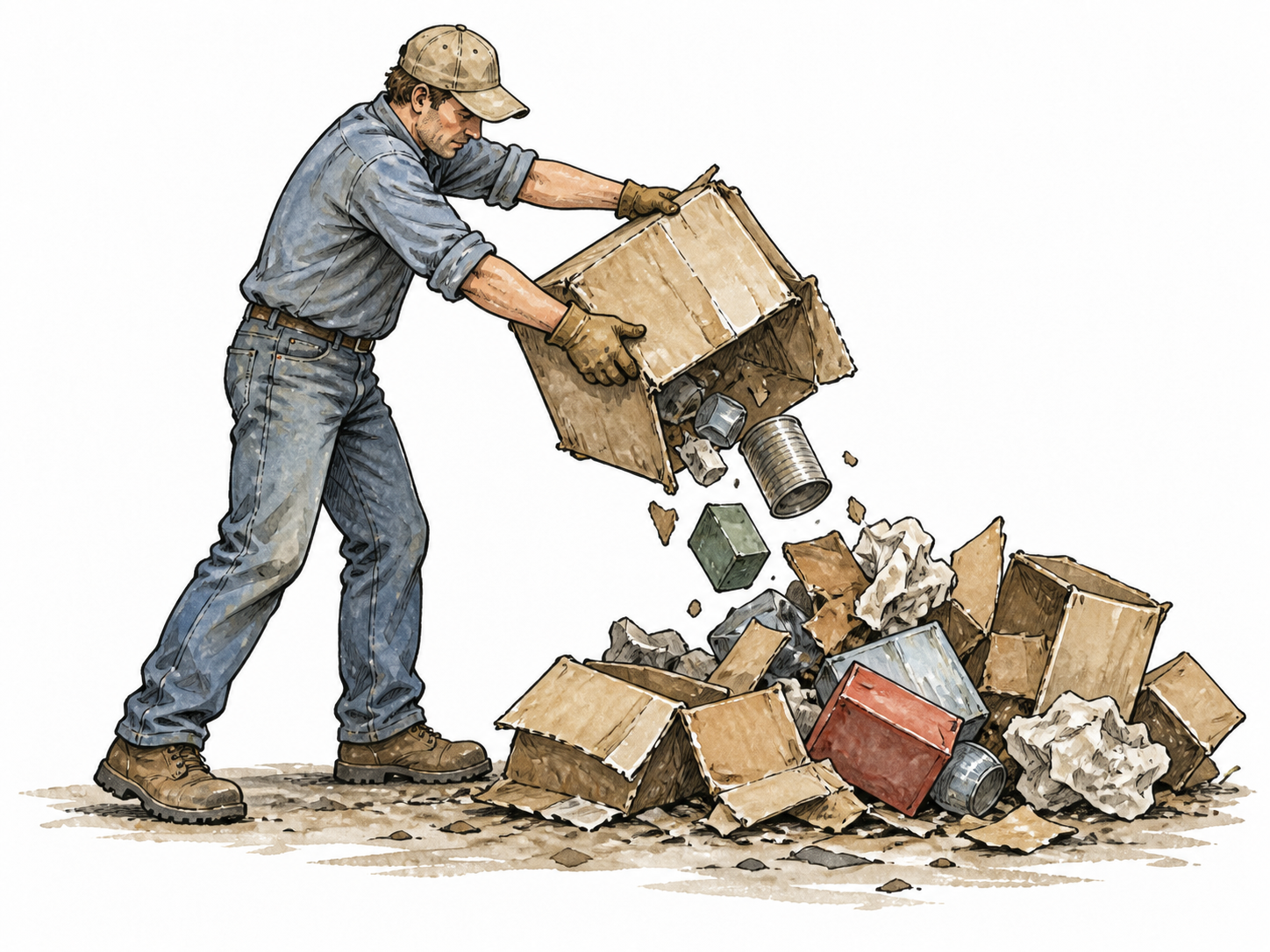 White worker carelessly empties broken boxes onto a heap.