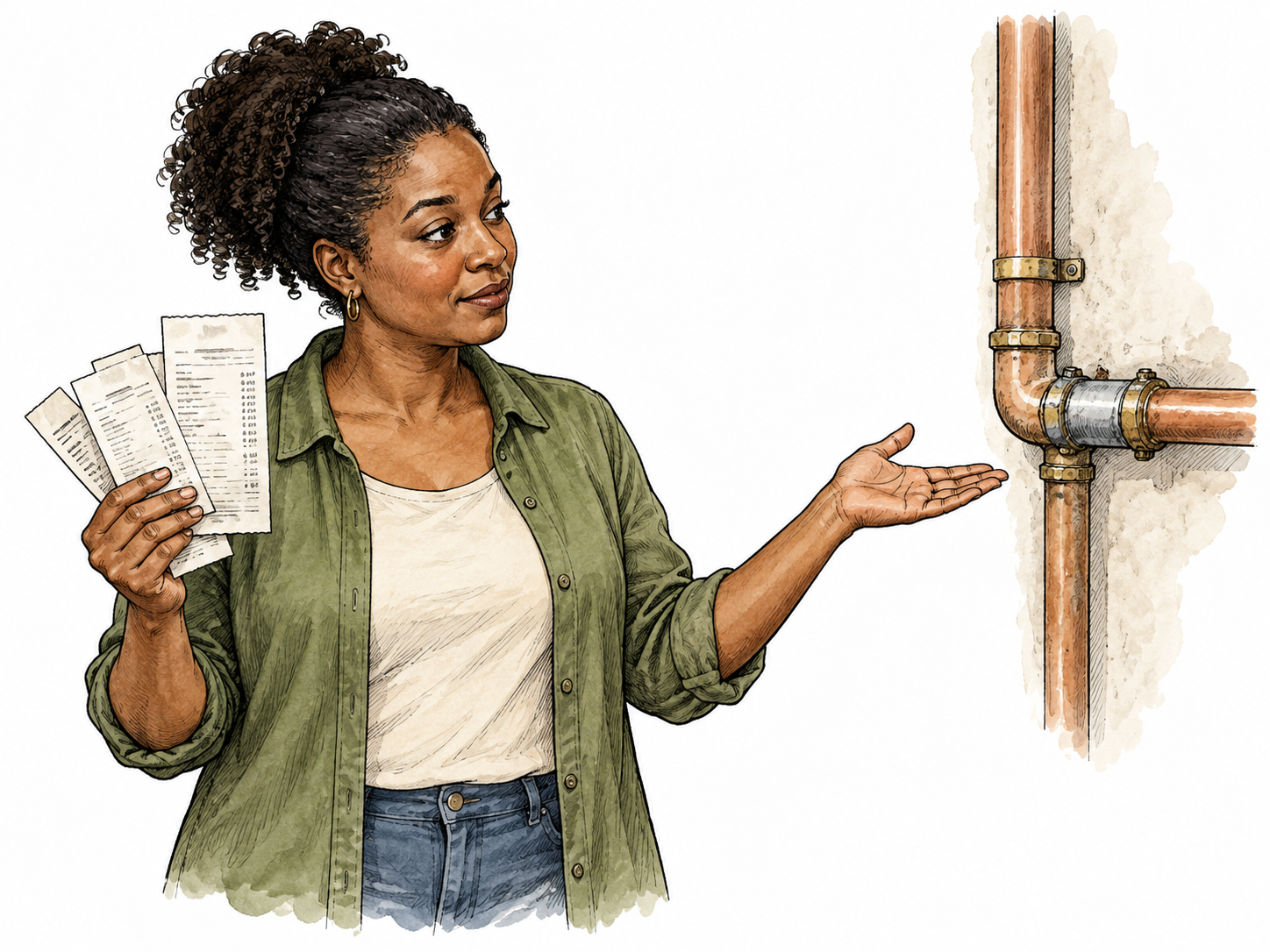 A Black woman shows receipts and a repaired broken pipe to explain a necessary expense.