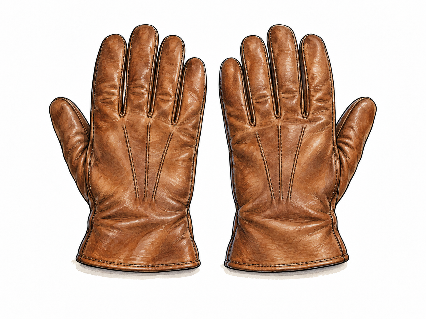 Two matching leather gloves neatly side by side, one left and one right, same material and size.