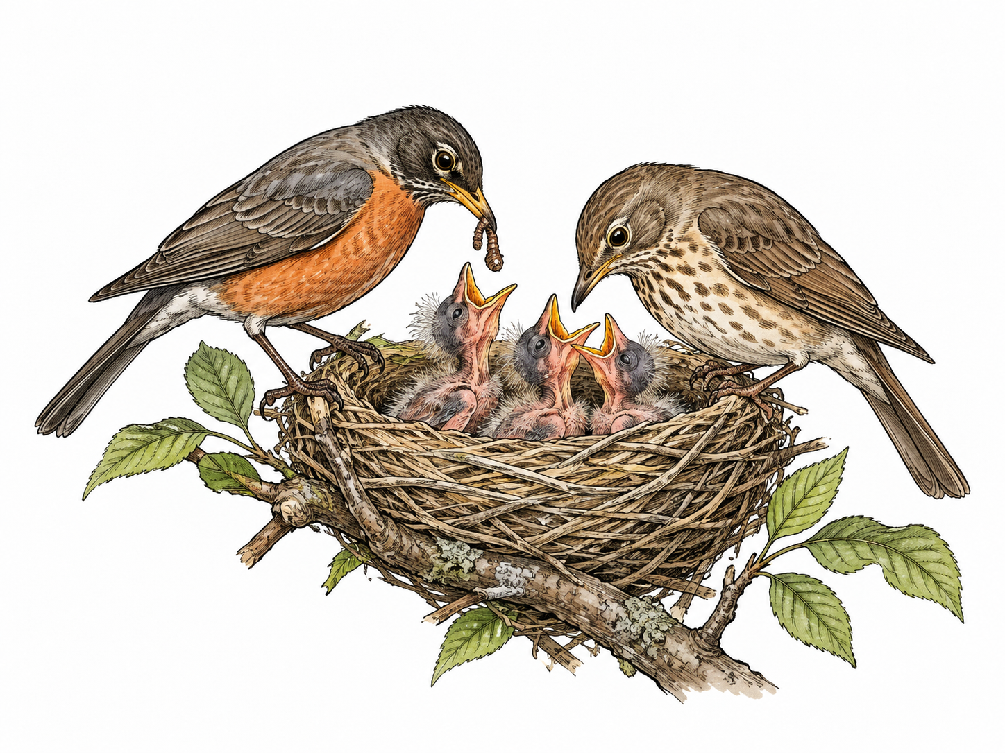 Pair of birds tends freshly hatched chicks.