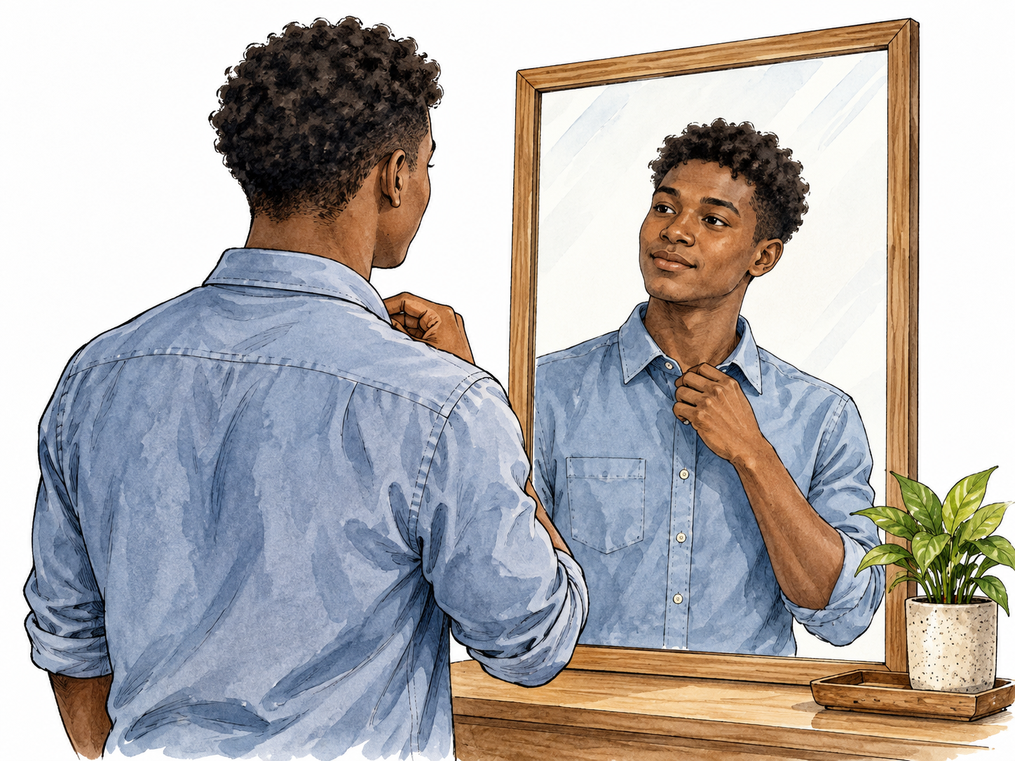 A young Black man studies his tidy reflection in a mirror.