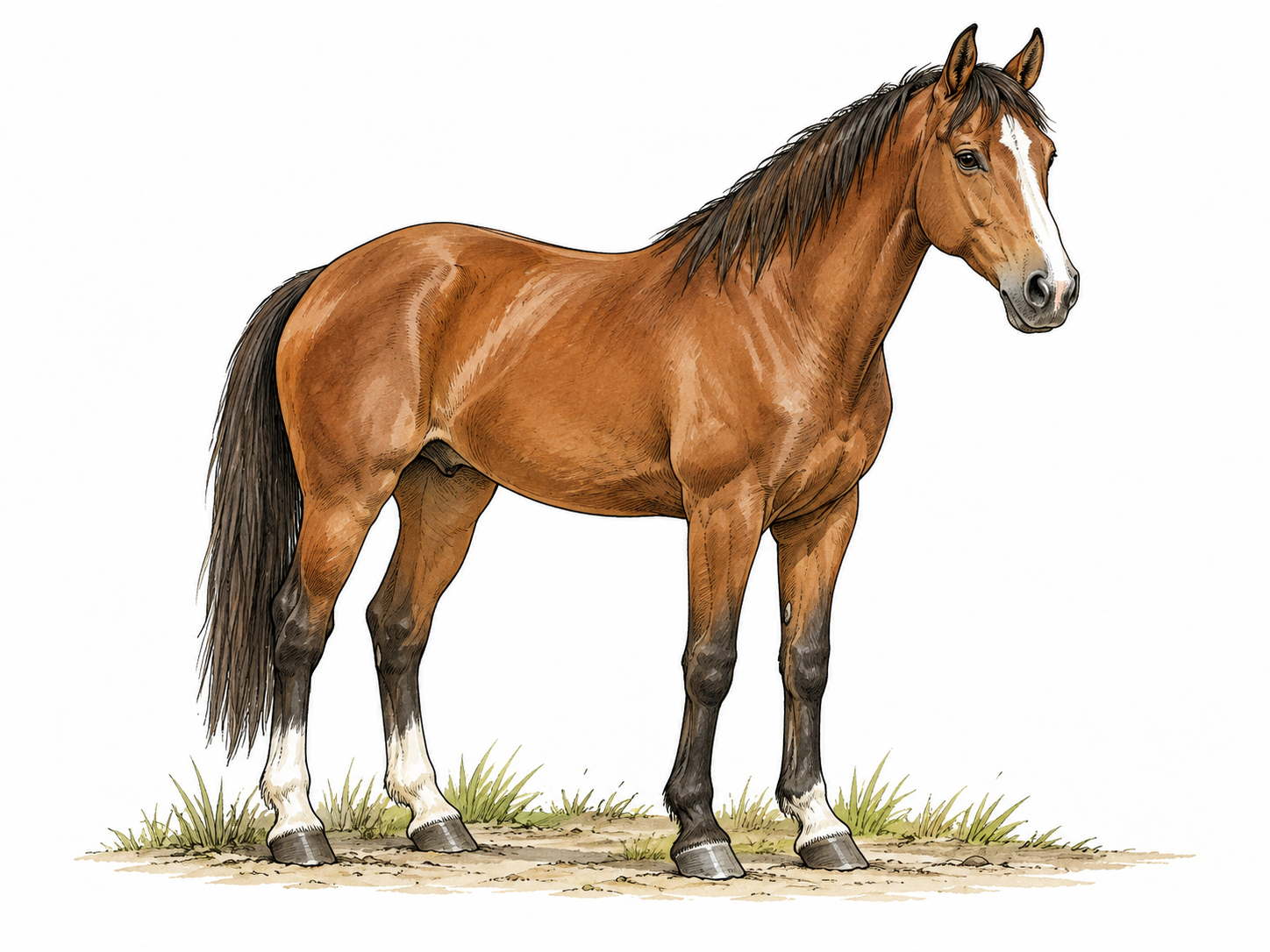 Horse stands naturally on all four feet.