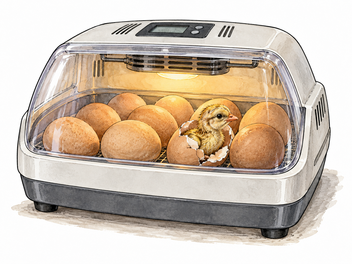 A scientific egg incubator with a clear window showing warm eggs and one newly hatching chick, no labels.