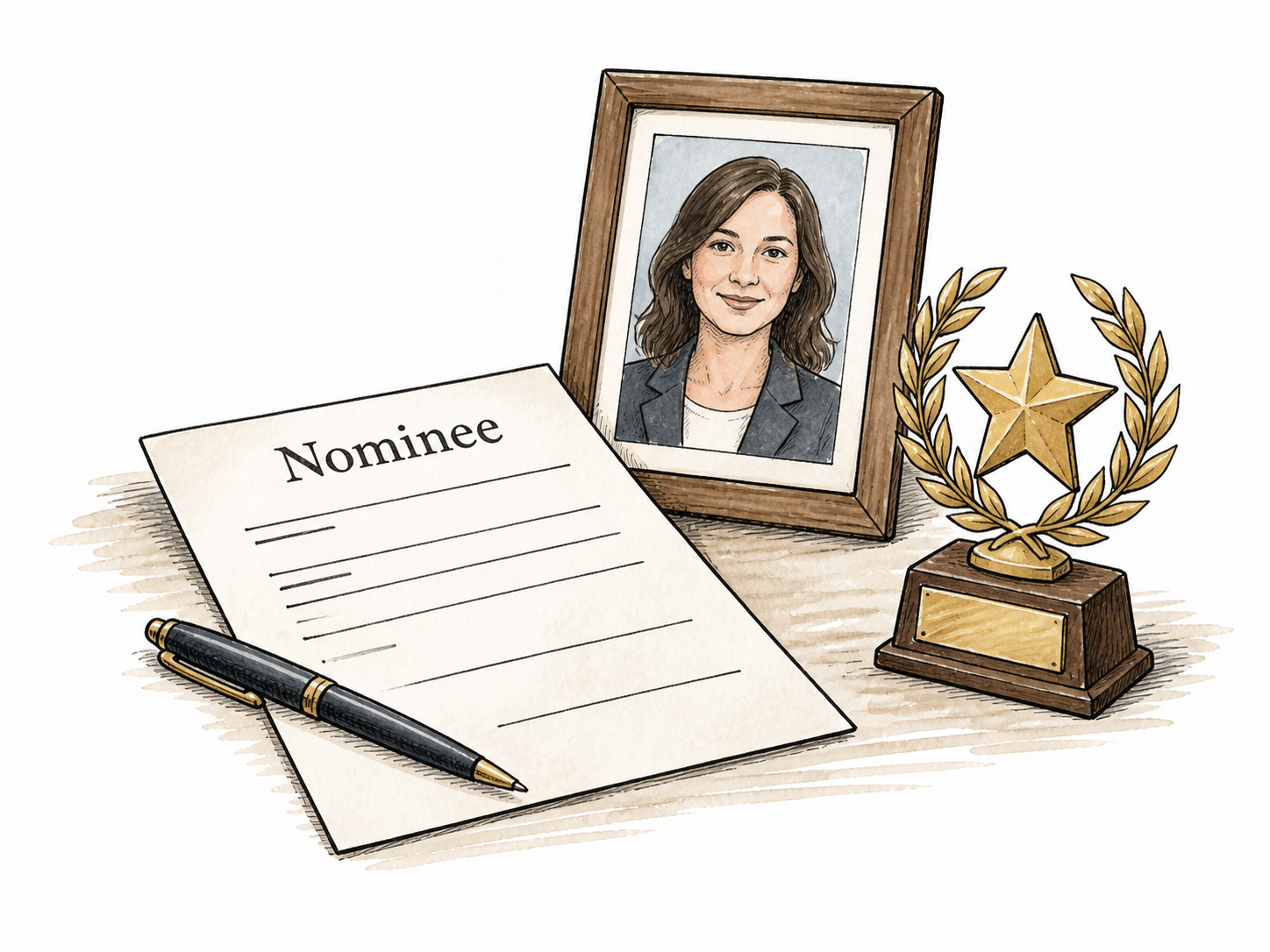 A nomination form beside a portrait and a modest award, exact text 'Nominee'.