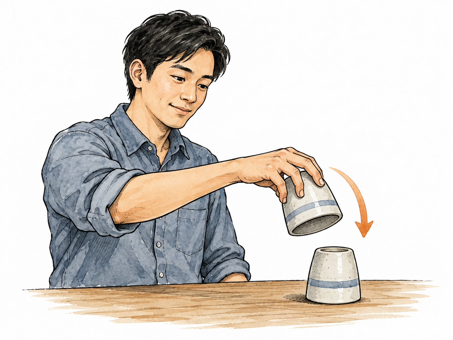 East Asian adult turns a cup upside down with a clear hand gesture.