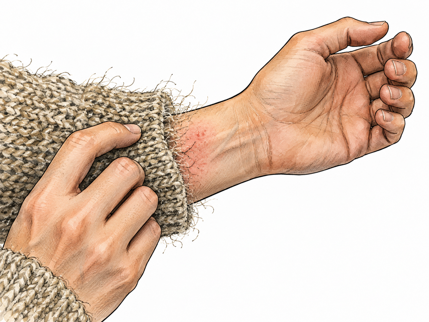 Coarse itchy wool fibers against an adult wrist with mild redness, physical irritant, clean close view.