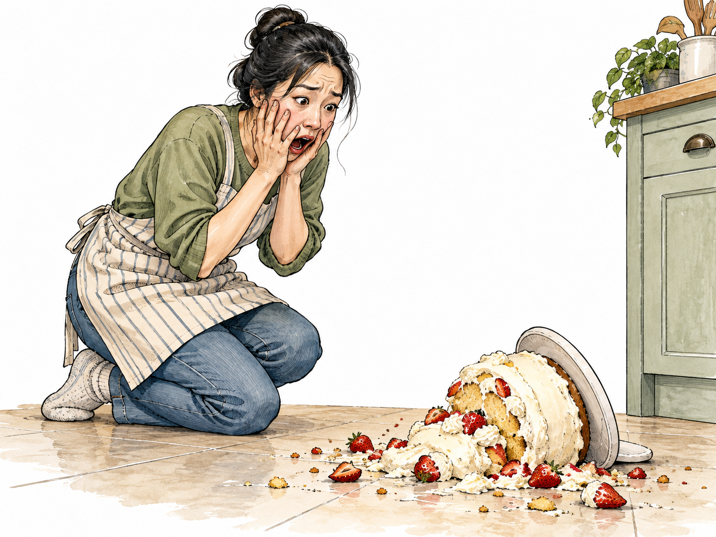 An East Asian woman looks aghast at a toppled cake on a kitchen floor.