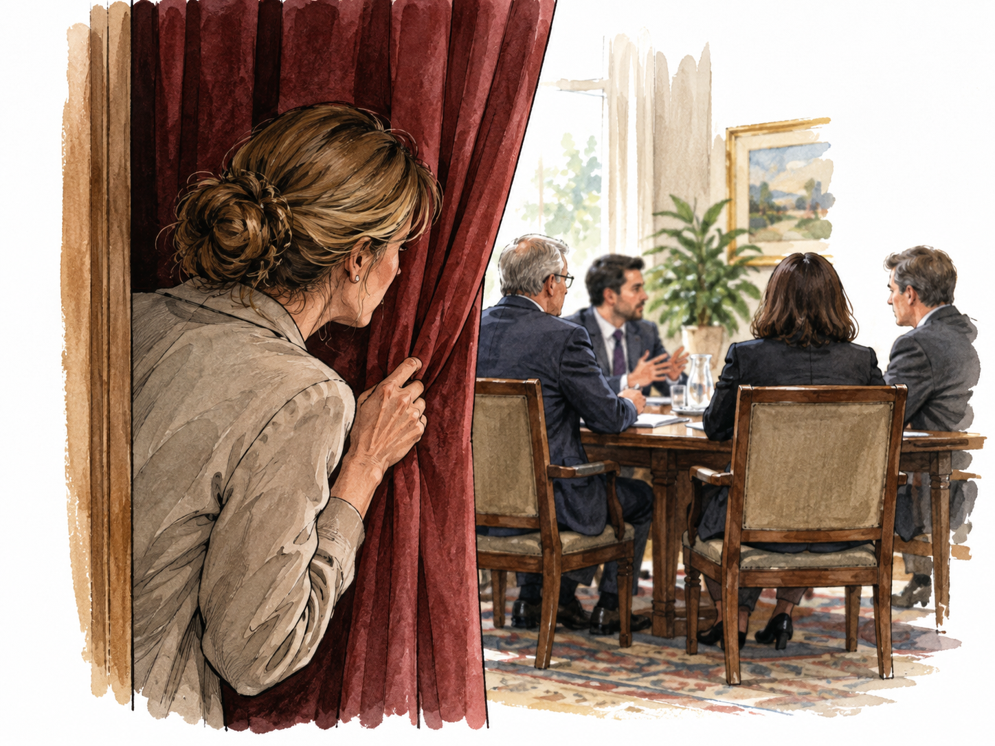 A concealed observer behind a half-open curtain watching a meeting unnoticed; middle-aged white woman, no weapon.