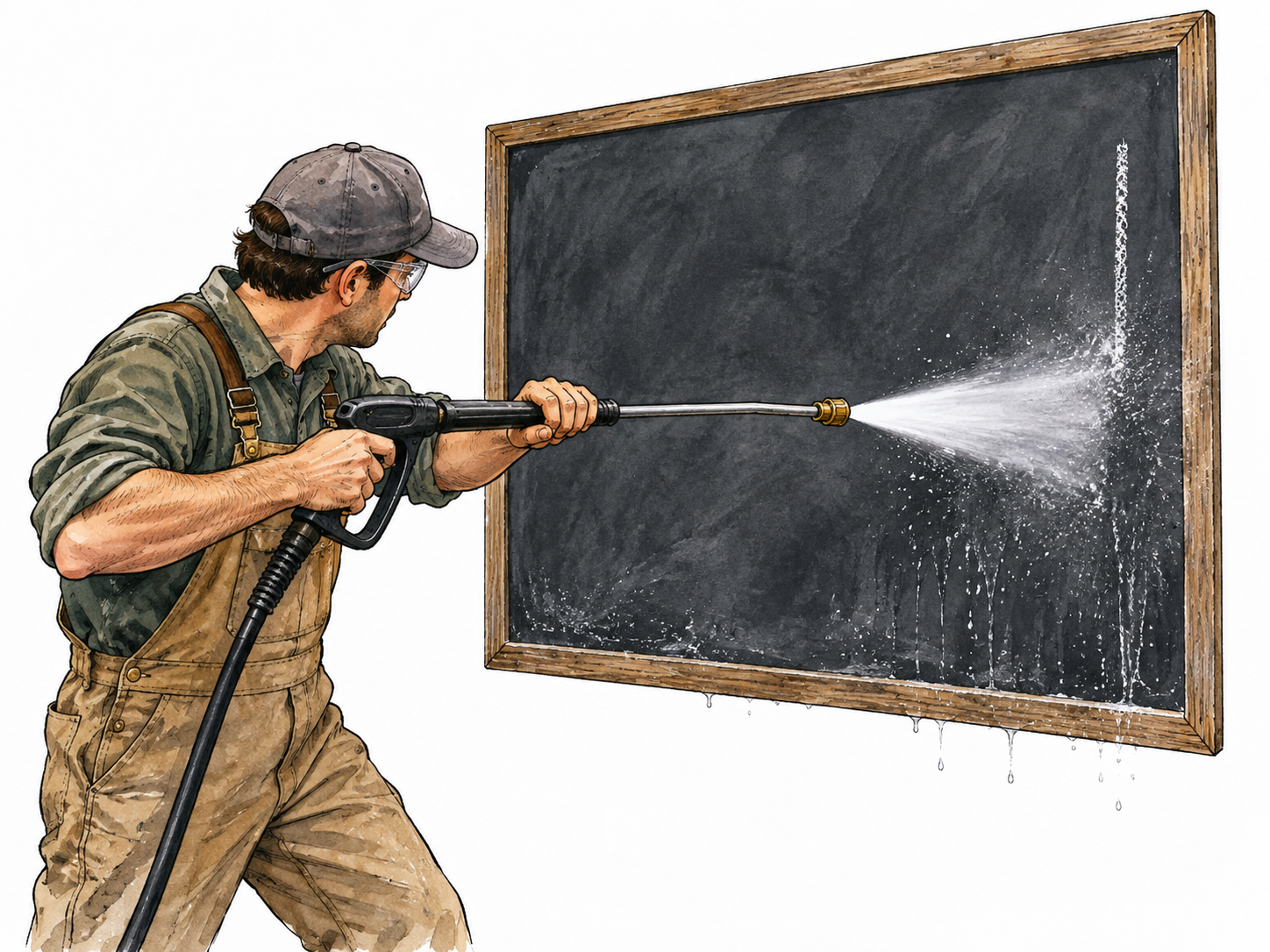 A pressure washer removing the last trace of chalk from a dark slate board, one nearly vanished streak at edge.
