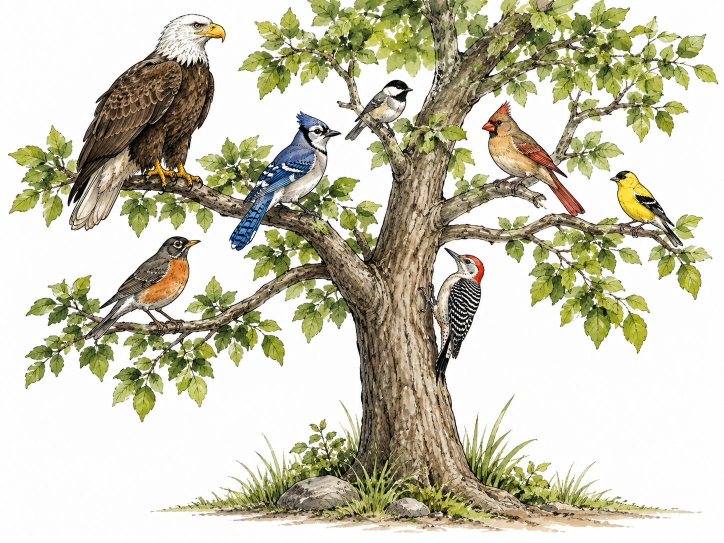 Different bird species share one tree peacefully.