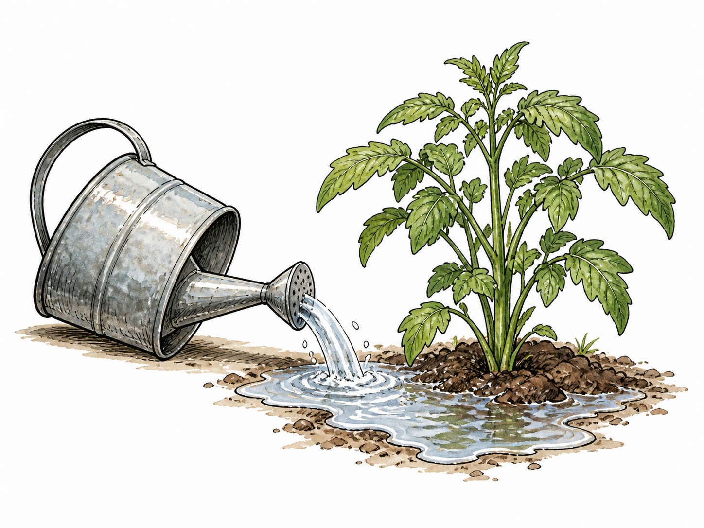 A tipped watering can causes water to collect around a thriving plant, cause and effect.