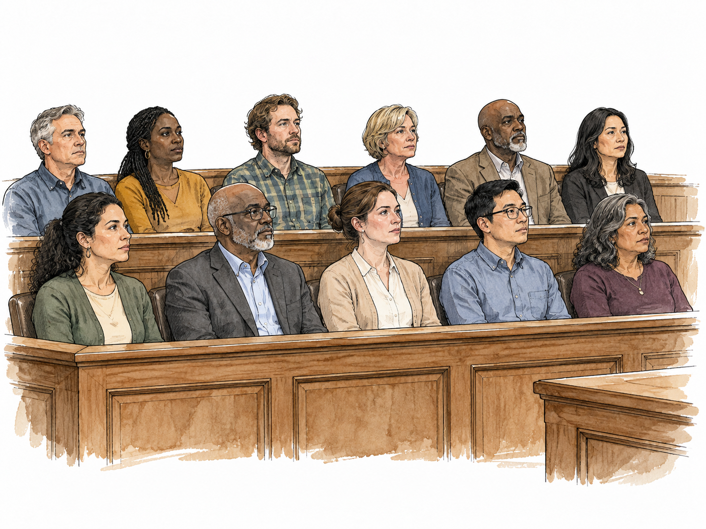 A diverse adult jury sits attentively in a courtroom.