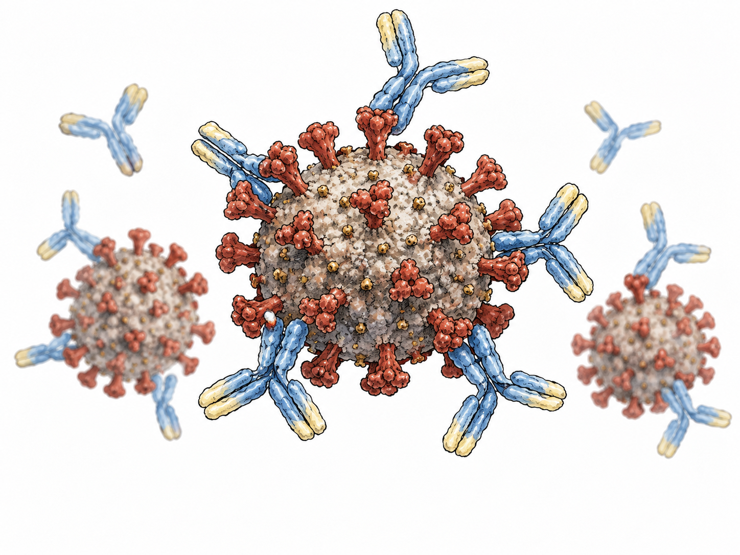 Protective antibodies bind invading virus particles, restrained scientific illustration.