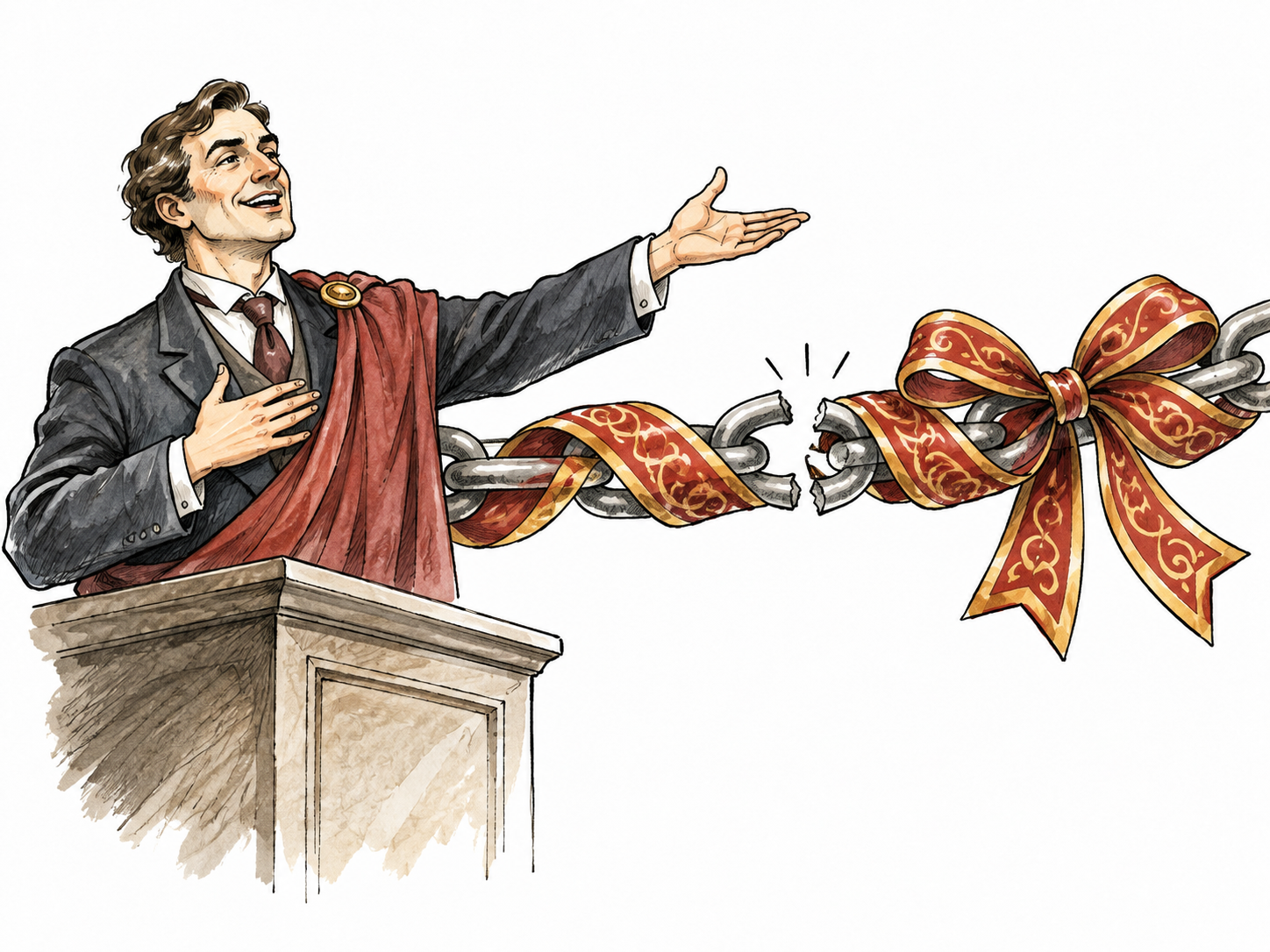 A polished speaker presents a visibly broken chain of reasoning disguised by ornate ribbon, misleading argument metaphor.