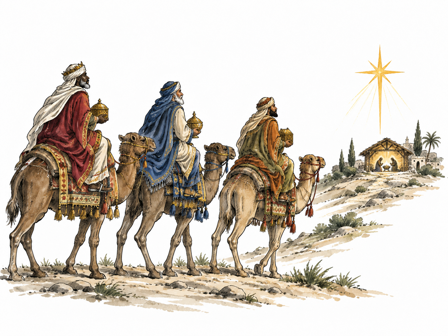 Three dignified wise travelers bringing gifts toward a simple distant stable beneath a bright star, varied West Asian/North African complexions, respectful Christmas scene.