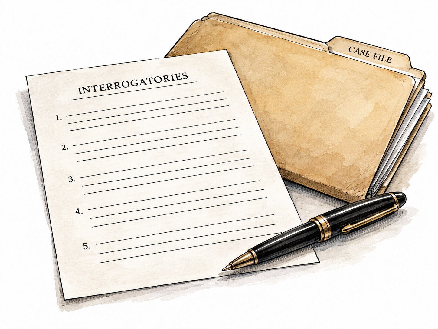 Legal written question sheet beside lawyer's pen and case folder.