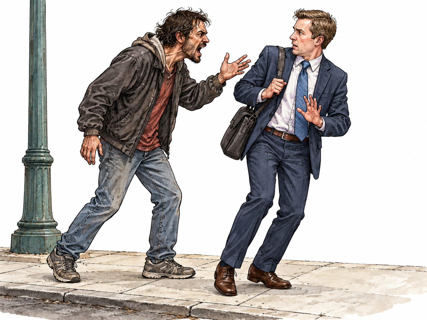 White commuter aggressively approached by shouting stranger on sidewalk.