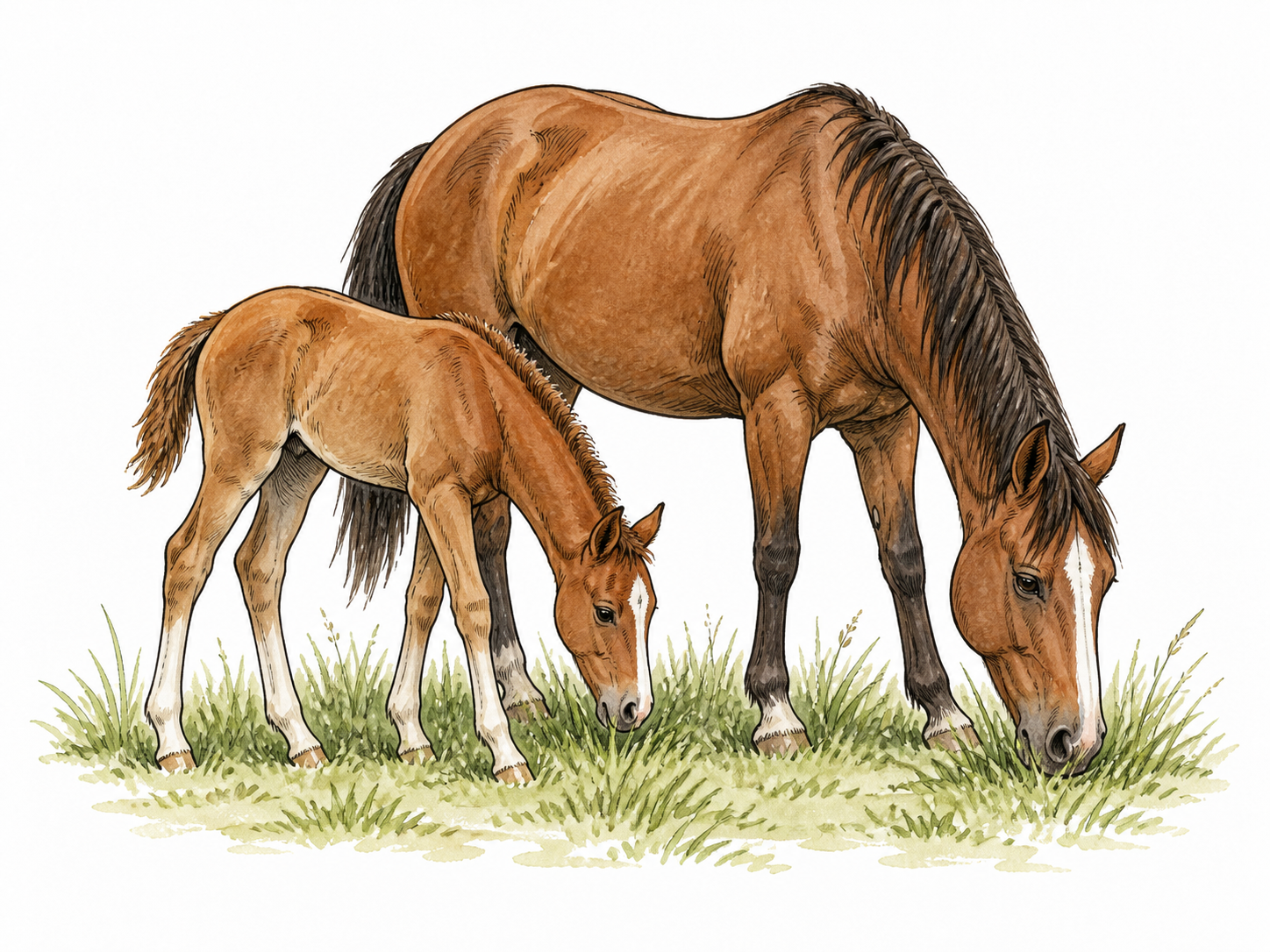 A young female horse grazes beside an older mare.